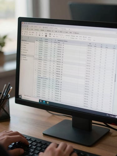 Close overhead shot of a desk monitor displaying a segmented lead list spreadsheet, columns showing vertical tags and geography codes, office daylight from a window to the left, hands on keyboard partially visible at bottom