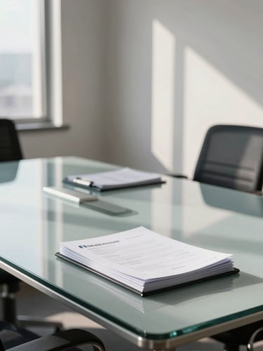 A bright, modern Indonesian corporate boardroom with daylight streaming in, a clean glass table reflecting light, and professional business documents neatly stacked. Soft shadows, corporate premium atmosphere.
