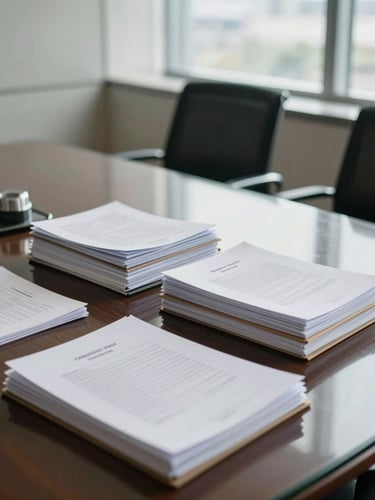 A clean, bright corporate boardroom in Jakarta with a glass table, stacked legal documentation folders, daylight filtering through windows.