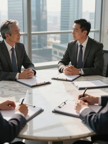 A professional bilateral business negotiation in a modern Jakarta high-rise boardroom, warm morning sunlight, structured legal folders on a clean marble table, highly professional atmosphere.