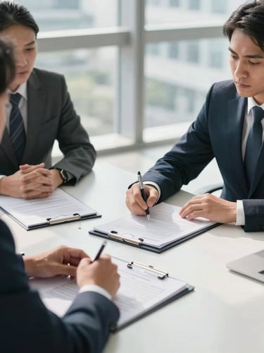 A professional bilateral business negotiation in a modern Indonesian corporate office, bright natural daylight, clean legal and financial documents on the table.