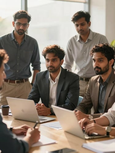 A diverse group of Indian professionals in a modern office setting, discussing strategy, warm daylight, shallow depth of field, looking engaged and purposeful.
