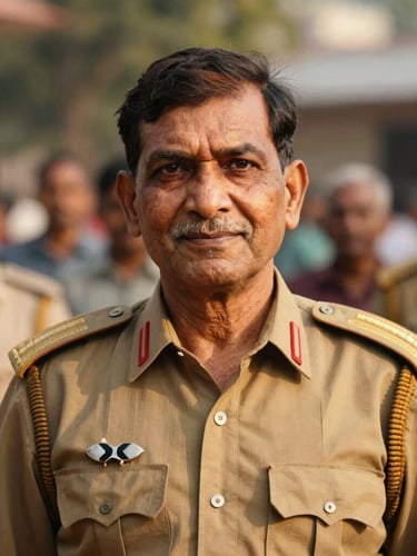 Medium-close portrait of a dignified retired Indian army veteran, looking directly at the camera with a subtle smile, warm golden-hour light, shallow depth of field, in a community setting, authentic tones.