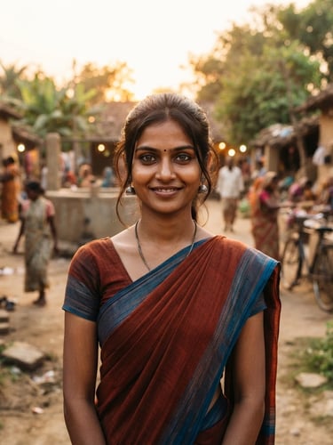 Dignified portrait of a young woman in a rural Indian village, looking hopefully towards the camera, natural golden-hour daylight, shallow depth of field, active community development in soft focus background.