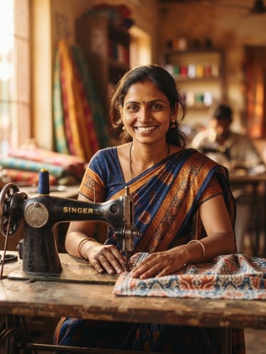 A hopeful Indian woman in her late 20s, dressed in traditional attire, smiling confidently while working at a sewing machine in a well-lit community workshop. Natural golden-hour light, shallow depth of field, 35mm.