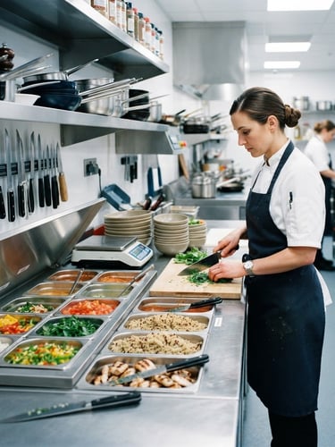 Bright commercial kitchen prep station, stainless steel counters, organized trays, professional clean lighting, 35mm