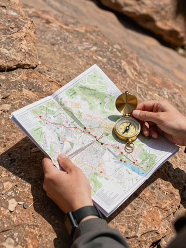 Macro shot of hands holding an official topographic map and a classic compass over a sandstone rock face, sharp midday shadows, rugged outdoor gear visible.