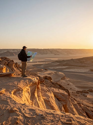Wide environmental shot of a desert ridge in the Negev at sunrise, a guide standing on the edge looking at a topographic map, warm golden light raking across sandstone, vast empty canyon below.