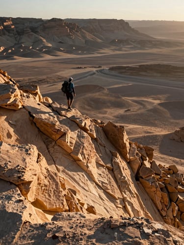 Wide environmental shot of a lone hiker navigating a razor-sharp limestone ridge in the Negev desert at sunrise, long shadows, vast empty crater in the background, high contrast, cinematic.