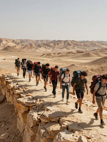 Wide shot of youth group traversing a knife-edge limestone ridge in the Negev desert under harsh midday sun, carrying heavy expedition backpacks, looking focused.