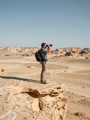Dramatic wide-angle shot of an outdoor instructor standing on a sheer sandstone cliff edge in the Negev desert, looking through binoculars, harsh midday sun casting deep shadows