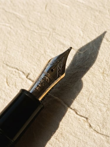 Extreme close-up of a fountain pen nib resting on heavy textured cream paper, sharp directional late-afternoon sun, long geometric shadows, 35mm lens