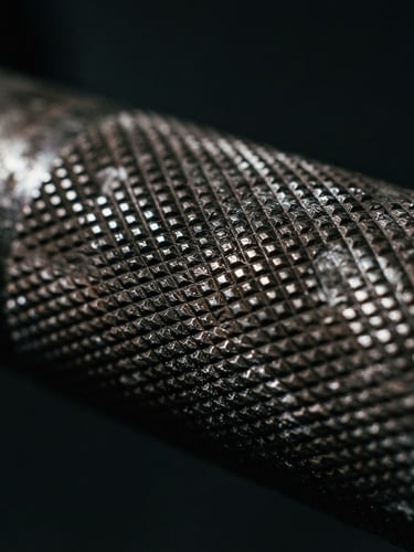 Macro close-up of deep knurling on a raw steel barbell, dramatic low-key side lighting, metallic sheen, dark charcoal background