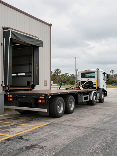 Wide environmental shot, a flatbed truck backed up to a loading dock at a coastal Carolina freight facility, daylight, overcast sky, cargo straps visible on the deck, no people in frame