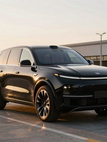A pristine black executive SUV parked curbside at San Diego Airport, gleaming polished chrome details, soft morning golden hour light.