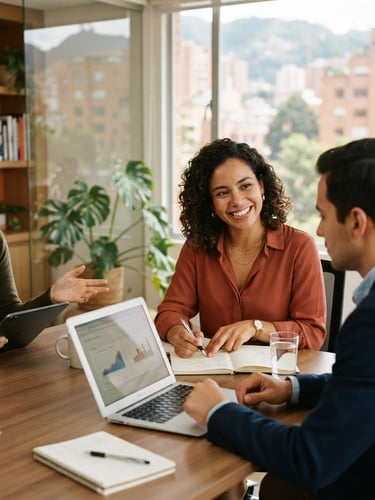 Professional collaborative meeting in a warm-toned Bogotá office, soft natural window light, deep navy and terracotta tones, shallow depth of field, 35mm photography.