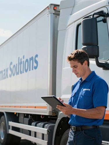 Professional Altimax Solutions driver in uniform checking the manifest on a tablet next to a clean commercial truck, crisp morning daylight, cool blue and industrial orange tones, sharp focus, 35mm.