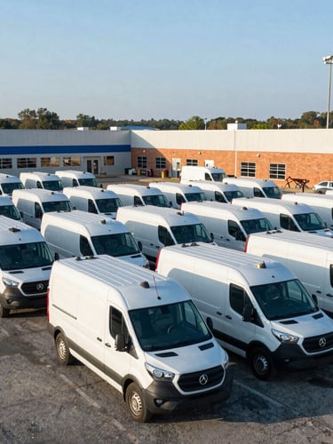 Wide environmental shot of Altimax Solutions fleet vehicles parked at a modern logistics hub in Columbia, Maryland, under crisp morning daylight, with a dispatch office building in the background.