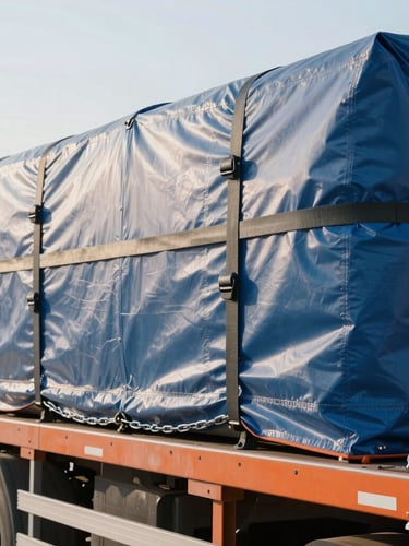 Portrait-oriented shot of secured cargo on a flatbed trailer, covered with a tarp, showing heavy-duty straps and chains. Focus on the securement details. Crisp morning daylight, industrial orange accents.