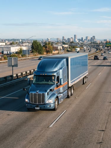 Well-maintained ALTIMAX SOLUTIONS LLC commercial truck in transit on a multi-lane highway, crisp morning daylight, cool blue and industrial orange tones, sharp focus, 35mm, wide environmental shot, driver visible.