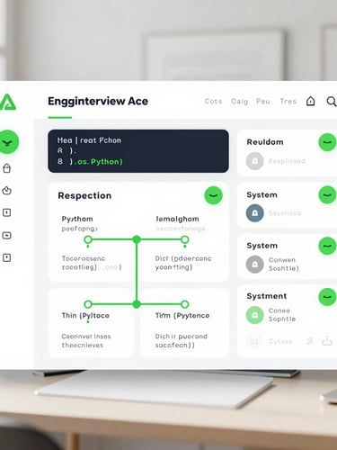 Straight-on crisp UI mockup of EnggInterviewAce showing real-time Python code evaluation, green success indicators, and structured system design feedback loops, bright daylight
