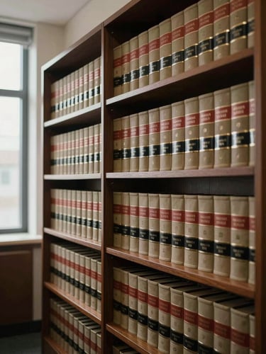 Wide interior shot of a law office bookshelf, rows of legal volumes in dark bindings, natural daylight from a window to the left, organized and still, no people