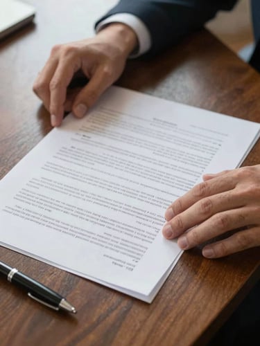 Hands resting on printed legal documents spread across a dark wood desk, natural daylight from the side, pen nearby, composed and unhurried atmosphere