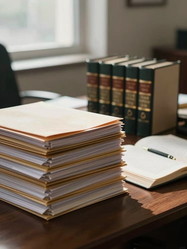 Close view of an organized legal office desk, stacked case folders and open law volumes under cool natural window light, no people visible, architectural stillness