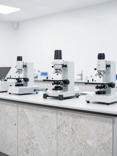 A clean laboratory setting with specialized testing equipment for construction chemicals, bright overcast daylight, high-contrast minimal industrial style