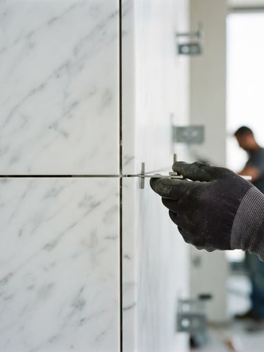 Macro photograph of a pristine white marble slab being installed with high-contrast architectural lighting, crisp technical precision, 35mm lens