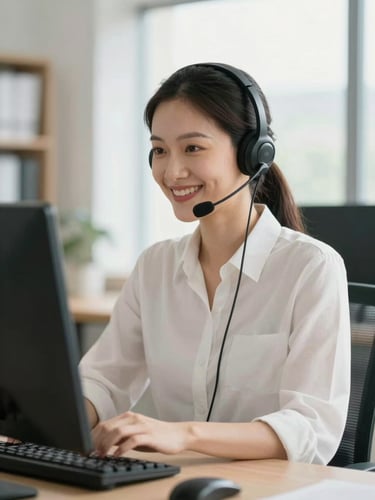 Professional remote customer support agent wearing a high-quality headset, sitting in a bright, modern, well-lit home office in São Paulo, smiling naturally, soft window light, shallow depth of field, 35mm