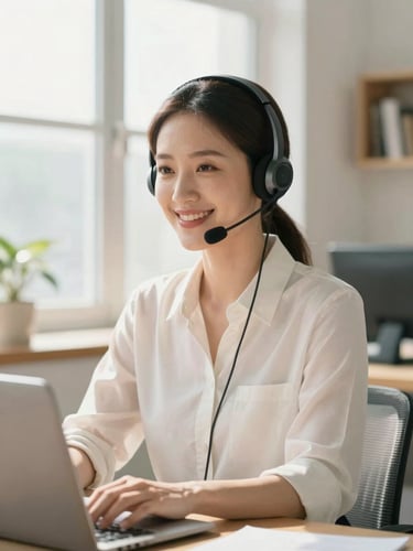 A professional remote agent in her 30s, wearing a high-quality headset, smiling warmly in a bright, sunlit home office with soft window light, shallow depth of field, 35mm.