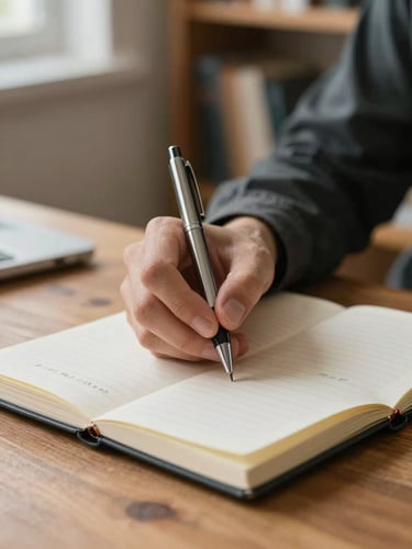 Close-up of hands holding a pen poised over an open notebook on a wooden desk, natural diffused daylight from the left, a few handwritten notes partially visible, the background softly out of focus showing the edge of a bookshelf