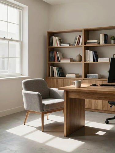 Wide environmental shot of a calm therapy office interior — a low armchair beside a wooden desk, natural north-facing window light falling across the floor, a ceramic mug on the desk surface, bookshelves with clinical and literary texts visible along the back wall, muted cream and gray tones, no people present