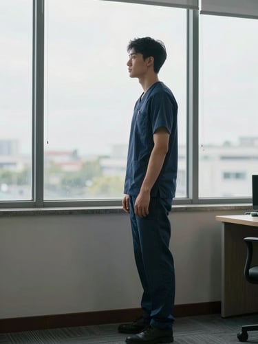 Full-length side-angle shot of a therapist standing at a window in a calm office, natural overcast daylight, hands loosely at sides, looking toward the light — not posed, not smiling at camera