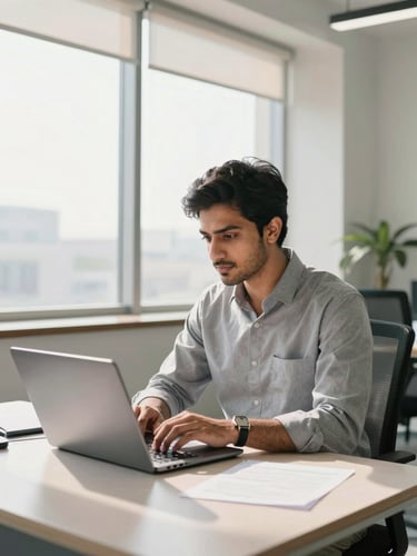 A focused young Pakistani professional working on a laptop in a bright, modern office in Lahore, daylight streaming through a window, 35mm photography