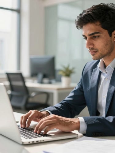 Close-up shot of a focused young Pakistani professional working on a laptop in a bright, sunlit modern workspace in Lahore, clean professional photography