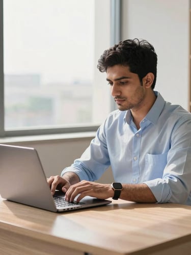 A focused young Pakistani professional working at a clean wooden desk with a laptop, bright natural daylight streaming through a large office window in Lahore, 35mm photography.
