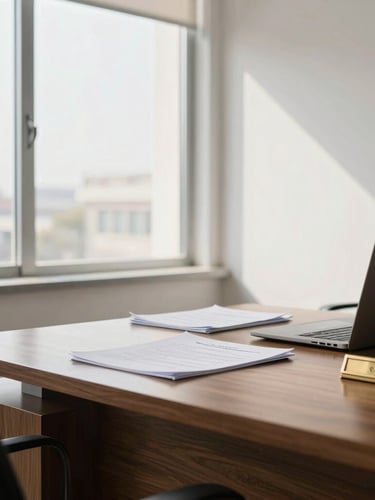 A clean, bright administrative office in Islamabad, natural daylight streaming through large windows, modern wooden desk with official documents, laptop, and a brass nameplate, 35mm photography