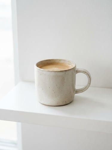 A single beautifully crafted ceramic mug sitting on a pristine white shelf, soft diffused window light, minimalist Swiss aesthetic.