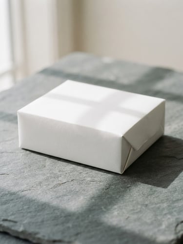 A minimalist package wrapped in clean white paper on a slate-grey stone surface, soft natural daylight, architectural shadows, clean product photography, bright neutral background, 50mm