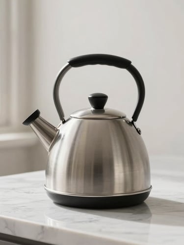 A close-up of a modern brushed-steel kettle on a clean marble countertop, soft morning light filtering through a window, minimalist styling, 50mm