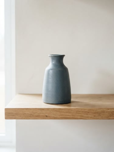 A minimalist slate-blue ceramic vase on a white oak shelf, soft natural daylight casting gentle shadows, editorial product photography, 50mm
