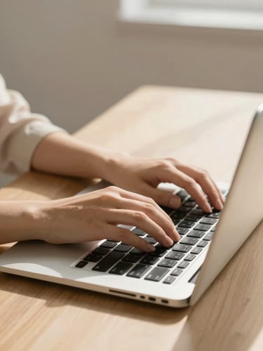 Close-up of elegant female hands typing on a modern laptop on a warm beige wooden desk, soft natural morning light, minimalist aesthetic