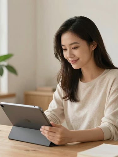 A woman smiling softly, looking down at a tablet in a beautifully lit, warm minimalist home office with plants, soft daylight, beige tones, 35mm