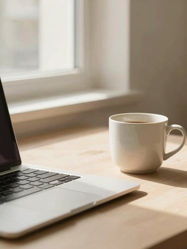Warm editorial photography of a clean, minimalist workspace with a laptop, a ceramic coffee cup, and soft natural morning light filtering through a window, beige tones, shallow depth of field, 35mm