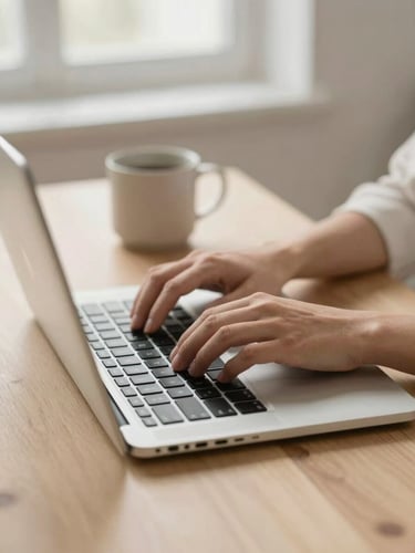 Close-up of elegant female hands typing on a modern silver laptop on a warm beige wooden desk, soft morning window light, minimalist ceramic coffee mug nearby, shallow depth of field, 35mm