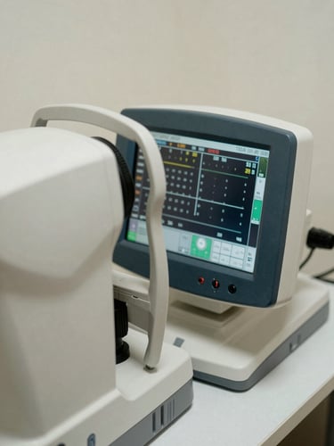 Close-up overhead flat-lay of autorefractometer measurement display screen showing numerical refractive values, soft north-facing studio light, white clinical surface, no people, precision data readout visible