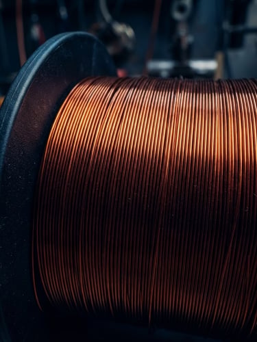 Extreme macro photography of perfectly aligned copper wire wound on a black bobbin, dramatic workshop lighting with warm copper-orange reflections and deep blue shadows, highly detailed, 50mm