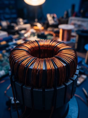 Macro photography of copper coils perfectly wound on a small silicon steel core, glowing orange highlights from workshop lighting, deep blue ambient shadows, highly detailed, 50mm, technical workspace background.